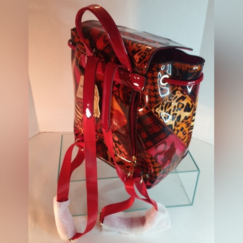 Alyssa Backpack Vegan Leather Red Geometric Shoulder School College Backpack - Picture 10 of 15